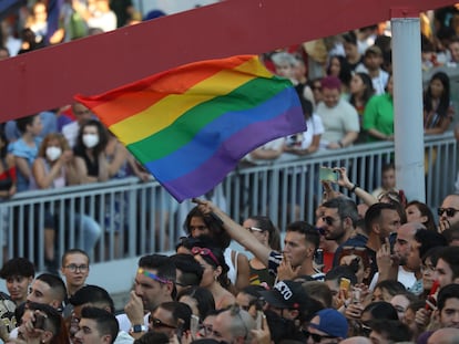 Una persona sostiene una bandera LGTB en el Orgullo, en Madrid.