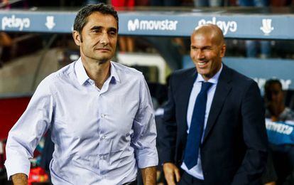 Ernesto Valverde y Zinedine Zidane en la ida de la Supercopa de Espa&ntilde;a.