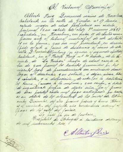 Documento de 1913 en el que Albert Puig pide el desahucio.