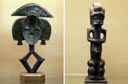 Relicario Mbulu Ngulu de Gabón y figura antropomorfa Fang, de Guinea, dos de las piezas que se podrán ver en el Museo de las Culturas del Mundo de Barcelona.