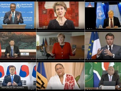 Imágenes de las intervenciones por teleconferencia (desde arriba a la ziquierda en el sentido de la lectura) de su presidente, Tedros Adhanom Ghebreyesus; la presidenta de Suiza, Simonetta Sommaruga; el secretario general de la ONU, Antonio Guterres; el presidente chino, Xi Jinping, la canciller alemana, Angela Merkel; el presidente francés, Emmanuel Macron; el presidente de Corea del Sur, Moon Jae-in; la primera ministra de Barbados, Mia Mottley y el prsidente de Sudáfrica, Cyril Ramaphosa.