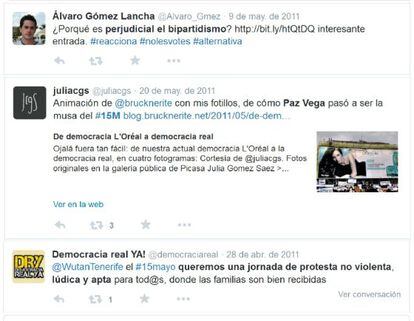 Algunos tuits próximos a la celebración del 15-M de 2011.