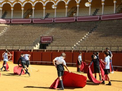 Escolares juegan al toro en La Maestranza en una jornada de puertas abiertas.