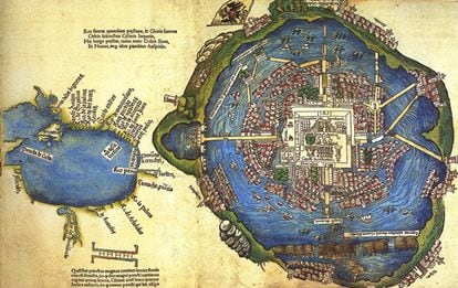 Plano de Tenochtitlán atribuido a Hernán Cortés (1524). Consta de dos cuerpos: una pequeña representación del golfo de México y la ciudad de Tenochtitlán, que aparece con el nombre de Temixtitan. / CENTRO DE ESTUDIOS DE HISTORIA DE MÉXICO CARSO. FUNDACIÓN CARLOS SLIM