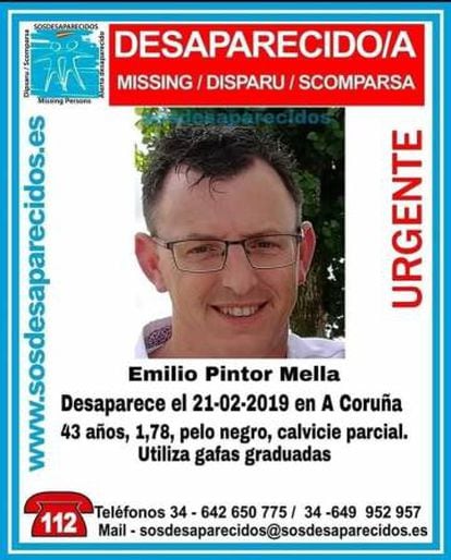 Cartel de SOS Desaparecidos que alerta del caso de Emilio Pintor.