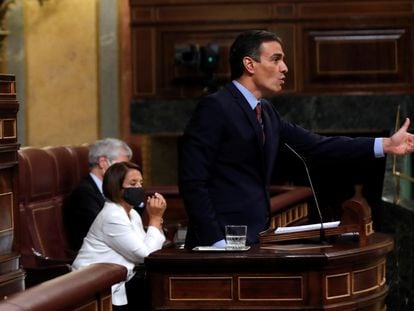 El presidente del Gobierno, Pedro Sánchez, durante su intervención en el pleno del Congreso, a finales de julio.