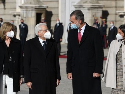 El presidente de la República italiana, Sergio Mattarella, en su visita a Madrid junto a los Reyes, este martes.