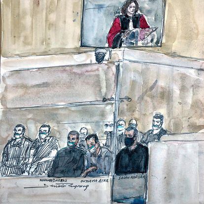 This court sketch made on June 10, 2022, shows state prosecutor Camille Hennetier (up) on a screen, defendants Mohamed Bakkali (L), Oussama Atar (C) and prime suspect Salah Abdeslam (R), on the third and last day of the prosecution's closing arguments during the trial of the November 2015 attacks that saw 130 people killed at the Stade de France in Saint-Denis, bars, restaurants and the Bataclan concert hall in Paris, at Paris' special Assize Court, set up in a temporary courtroom at the Palais de Justice courthouse in Paris. - Prosecutors in the Paris attacks trial on June 10 recommended a life sentence without parole for the main suspect in the November 2015 jihadist attacks that killed 130 in France's worst-ever terror assault. Salah Abdeslam is the only surviving member of the attackers who opened fire in the packed Bataclan concert hall and on cafe terraces in adjacent streets, and detonated suicide bombs at the Stade de France sports arena. (Photo by Benoit PEYRUCQ / AFP) / ----IMAGE RESTRICTED TO EDITORIAL USE - STRICTLY NO COMMERCIAL USE-----