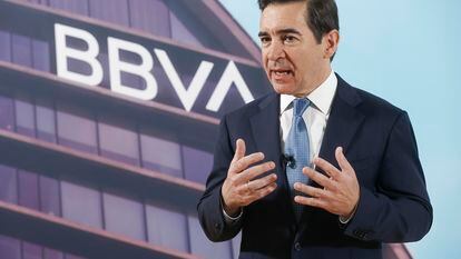 El presidente del BBVA, Carlos Torres, en un rueda de prensa, el pasado marzo.