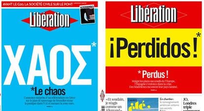 Portadas de 'Libération' de noviembre de 2011 sobre Grecia y de este jueves sobre España.