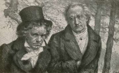 Paseo de Beethoven y Goethe según un grabado de Emile Pierre Pichard.