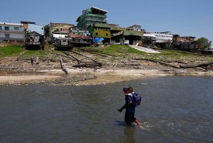 Un hombre carga a su hijo a través del río Negro para llevarlo a la escuela, el 26 de septiembre. En Manaos, la capital del estado, que se encuentra en situación de emergencia, se espera que la sequía alcance su punto máximo en la segunda quincena de octubre, según el Servicio Geológico de Brasil.