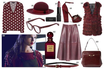 115. Burberry Prorsum Jersey con escote en V y print de corazones. 116. La cerise sur le chapeau Sombrero de fieltro con cinta. 117. Deborah Lippmann Barra de labios. 118. Dsquared2 Sandalia de ante con flor de strass en el empeine. 119. DNA Luxury Leather Chaleco de pelo. 120. Céline Gafas de ver con montura de pasta. 121. Zara Falda de piel. 122. Tom Ford Eau de parfum “Jasmin Rouge”. 123. Bershka. 124. Jason Wu Bolso de piel. 125. Ronald Pineau Cinturón de piel con pedrería.