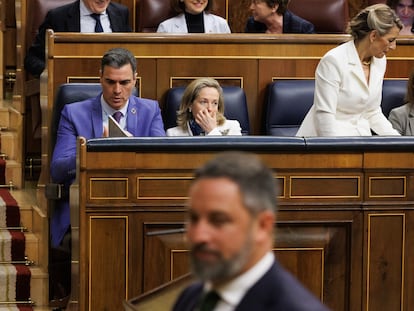 Pedro Sanchez, Nadia Calviño y Yolanda Díaz, en el Congreso de los Diputados.