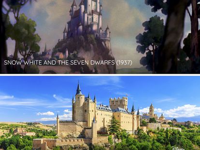 En la imagen superior, el castillo de la película 'Blancanieves y los siete enanitos', abajo el alcázar de Segovia.