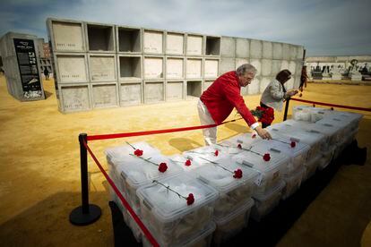 Familiares de víctimas dejan claveles sobre las cajas con restos de represaliados antes de ser depositados en el columbario-memorial de Pico Reja que se inauguró en abril en el cementerio sevillano de San Fernando.