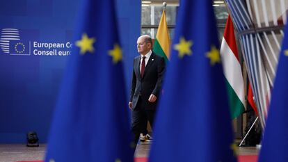 El canciller alemán, Olaf Scholz, en la cumbre de jefes de Estado y de Gobierno en Bruselas.