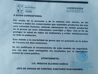 Comunicado del Gobierno de Sonora en el que pide a los comerciantes que expenden productos del mar para consumo humano, abstenerse de vender productos de pesca.