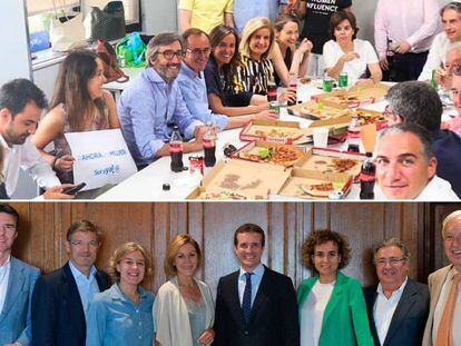 Soraya Sáenz de Santamaría come con su equipo unas pizzas en la sede del partido mientras Casado posa este jueves con exministros que apoyan su candidatura en un restaurante de Madrid.