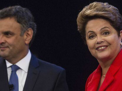 Dilma Rousseff y A&eacute;cio Neves durante el debate de este viernes. 