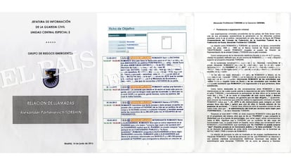 Vista de los documentos de la Guardia Civil sobre la investigación a Torshin en España.