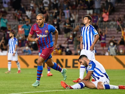 Martin Braithwaite celebra su segundo gol ante la Real Sociedad este domingo en el Camp Nou.