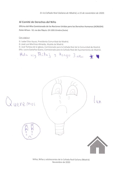Carta número 3 de niños de la Cañada Real que han mandado a Ayuso, Almeida, los comisionados y la ONU.