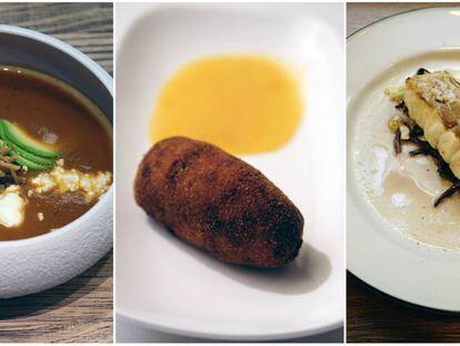 Sopa de tortilla azteca con maíz frito, queso fresco y aguacate, en Cantina Roo; croqueta de langostinos, cangrejo y calamares en Bolívar y merluza de pincho del puerto de Pasajes en Taberna del Loco Antonelli.