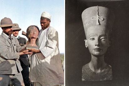El busto de Nefertiti hallado por los alemanes en Amarna, en una foto de la época del descubrimiento coloreada.