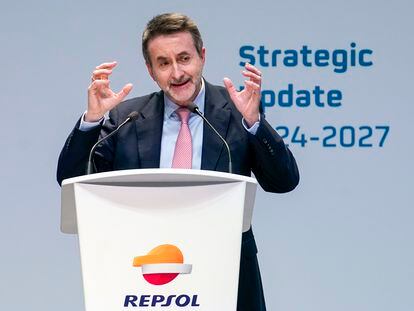 El consejero delegado de Repsol, Josu Jon Imaz, este jueves durante la presentación de resultados y del plan estratégico de la compañía.