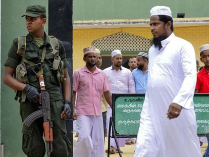 Un soldado custodia la entrada a una mezquita de Kattankudy (Sri Lanka) durante el rezo del viernes. En vídeo, la Policía de Sri Lanka halla material para elaborar bombas y uniformes del ISIS.