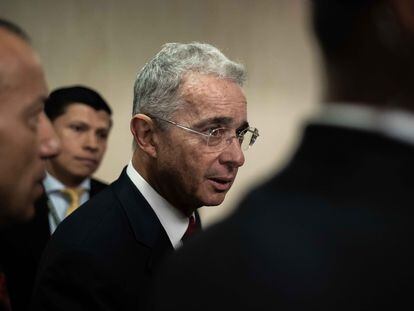 El expresidente Álvaro Uribe en octubre de 2019, en Bogotá, durante una declaración de indagatoria ante la Corte Suprema.
