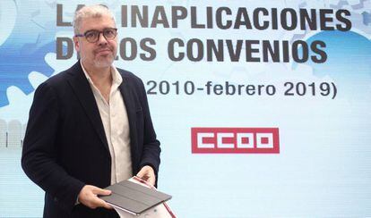El secretario general de CCOO, Unai Sordo, en la presentación de un estudio sobre la inaplicación de convenios colectivos
