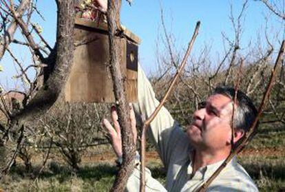 José Mª Rey Benayas, presidente de FIRE, coloca una caja nido para aves insectívoras en la finca Concejiles, en La Zarza (Badajoz).