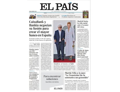 Portada del diario EL PAÍS del 4 de septiembre de 2020.