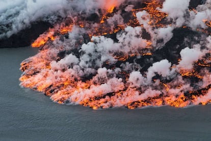 Aerial photo of lava flowing from Bardarbunga volcano in southeastern Iceland in 2019.