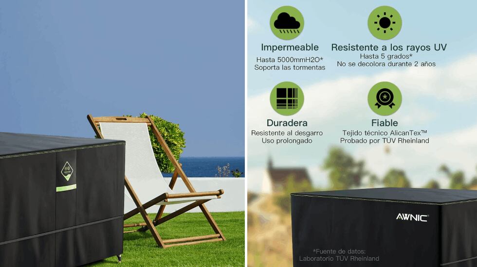 Duradera y fiable, esta funda para mesas y sillas de exterior también protege contra los efectos de los rayos solares. AWNIC.