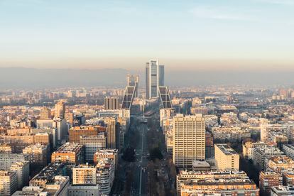 View of the Paseo de la Castellana in Madrid, with the Torres Kio (Plaza de Castilla) and the Cuatro Torres in the background, in an image taken on January 27, 2021.