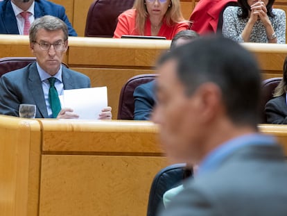 Alberto Núñez Feijóo mira a Pedro Sánchez en el Senado.