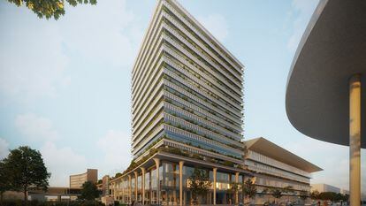 Proyección de cómo será el edificio "pabellón cero" de la Generalitat que se ubicará en el recinto de Fira de Barcelona.
