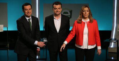 Juanma Moreno (PP), Antonio Maillo (IU) y Susana D&iacute;az (PSOE) en el debate de TVE del pasado 16 de marzo.