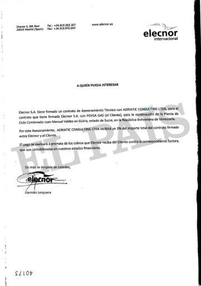 Documento firmado por el exejecutivo de Elecnor Germán Junquera que vincula la energética vasca con Adriatic Consulting, una sociedad de Nervis Villalobos, según la justicia andorrana.