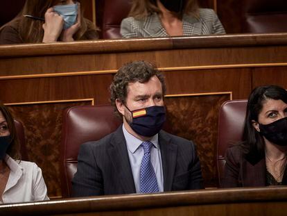 Los portavoces de Vox, Macarena Olona (d), e Iván Espinosa de los Monteros (centro), durante una sesión plenaria en el Congreso de los Diputados.