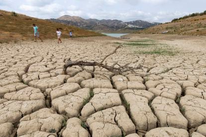 Galicia, Castilla y León, Extremadura, Andalucía, Cataluña o Navarra ya sufren por la falta de agua. En la imagen, una rama seca yace en el suelo agrietado del pantano de La Viñuela, Málaga, mientras varias personas caminan el martes por él.