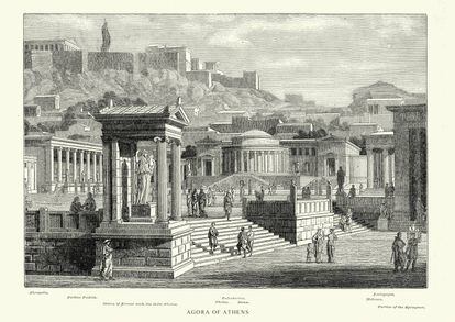 lustración de la antigua Ágora de Atenas, localizada en el noroeste de la Acrópolis. El Ágora era un lugar de encuentro cuyo nombre significaba literalmente "lugar de reunión o asamblea"