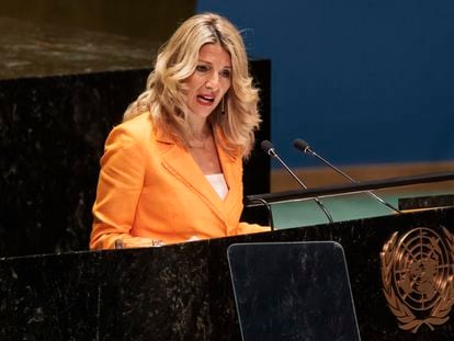 Yolanda Diaz, vicepresidenta segunda del Gobierno y ministra de Trabajo, se dirige este martes a la Asamblea General de la ONU.
