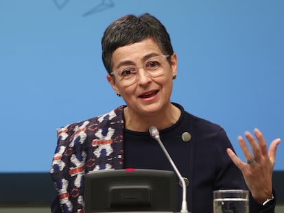 Arancha González Laya, en rueda de prensa en el Palacio de Viana, sede de Exteriores, el pasado 9 de marzo.