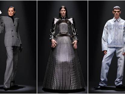 Tres de las propuestas de la colección 52 de costura de Balenciaga, presentadas en la semana de la moda de París el miércoles.