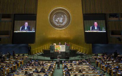 El secretario general de Naciones Unidas, Ban Ki-moon durante su intervenci&oacute;n este martes.
