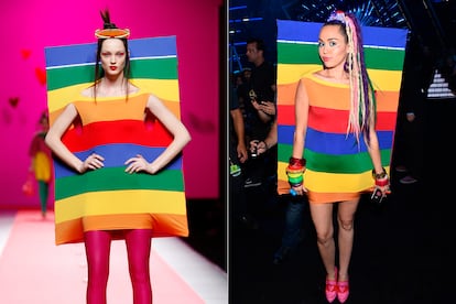 La diseñadora española fue la artífice de varios looks que lució Miley Cyrus cuando presentó la gala de los premios MTV VMA en 2015. Uno de ellos, este look arcoíris a lo bandera LGTB (un diseño que pertenece a su colección otoño-invierno 2011/2012) y también firmó otro conjunto de ojos y labios a modo de sujetador y shorts (del desfile primavera-verano 2013).